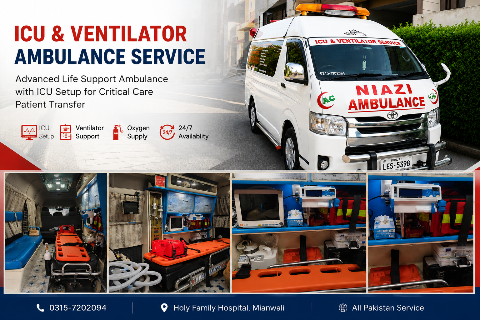 ICU Ambulance with oxygen and cardiac monitoring for emergency patient transport across Pakistan
